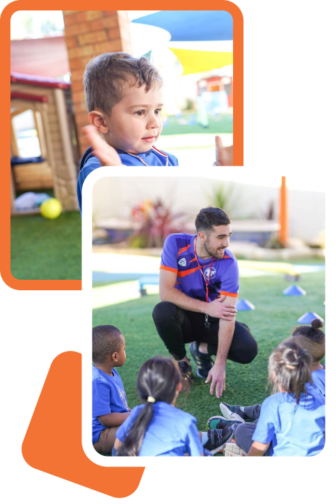 Coach leading a group of children in outdoor activities at Mini Champions.